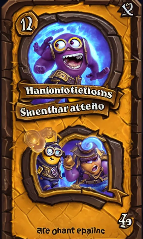 Image similar to hearthstone card with a usual border with atack and health depicting minions from despicable me.