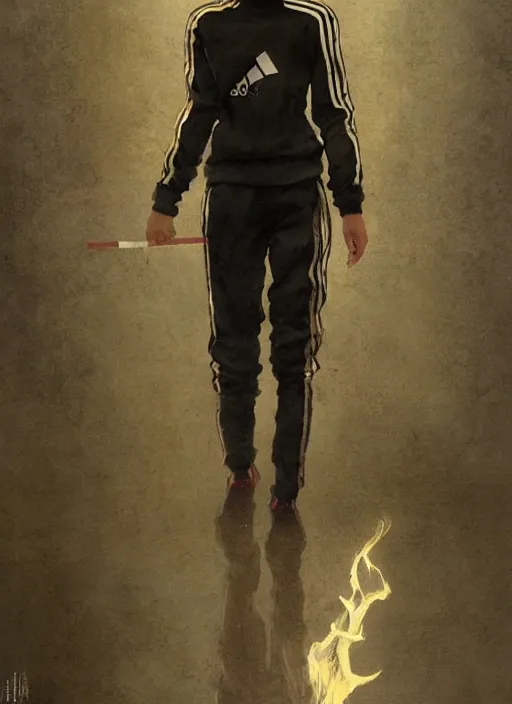 Image similar to russian slav heroine wearing an addidas tracksuit with a cigarette in hand. by greg rutkowski and wlop, detailed, cinematic, 8 k, intricate, rule of thirds.