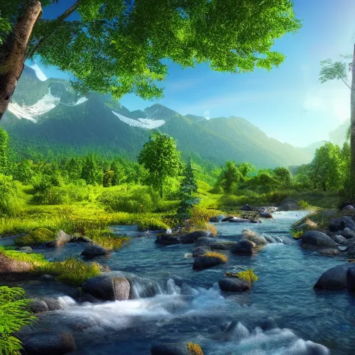 Image similar to paradise on earth with nice trees, rivers, mountains and sun, vray rendering 4 k, photorealistic, ultra - detailed, 4 k high resolution, hdr shot