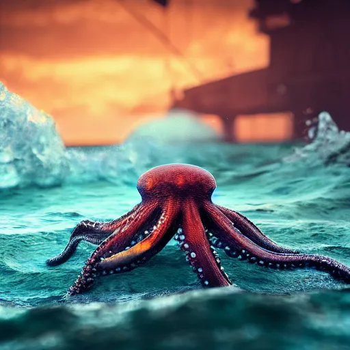 Image similar to A octopus in the ocean centered-photograph film still, tending on artstation dynamic action pose, National Geographic, insane detail, intricate, highly detailed, Zeiss Lens, DSLR photography, smooth, sharp focus, Unreal Engine 5, Octane Render, 85mm lens Redshift, depth of field 8K