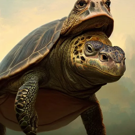 Image similar to amazingly beautiful portrait of a hyper realistic mitch mcconnell as a turtle / tortoise, as an anthropomorphic turtle, painted by greg rutkowski, artgerm, beautiful lighting, masterpiece, epic, 4 k