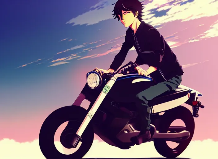 Image similar to anime visual, illustration of a young man riding around town on his new motorbike, handsome face by ilya kuvshinov, yoshinari yoh, makoto shinkai, katsura masakazu, dynamic perspective pose, detailed facial features, kyoani, rounded eyes, crisp and sharp, cel shad, anime poster, ambient light,