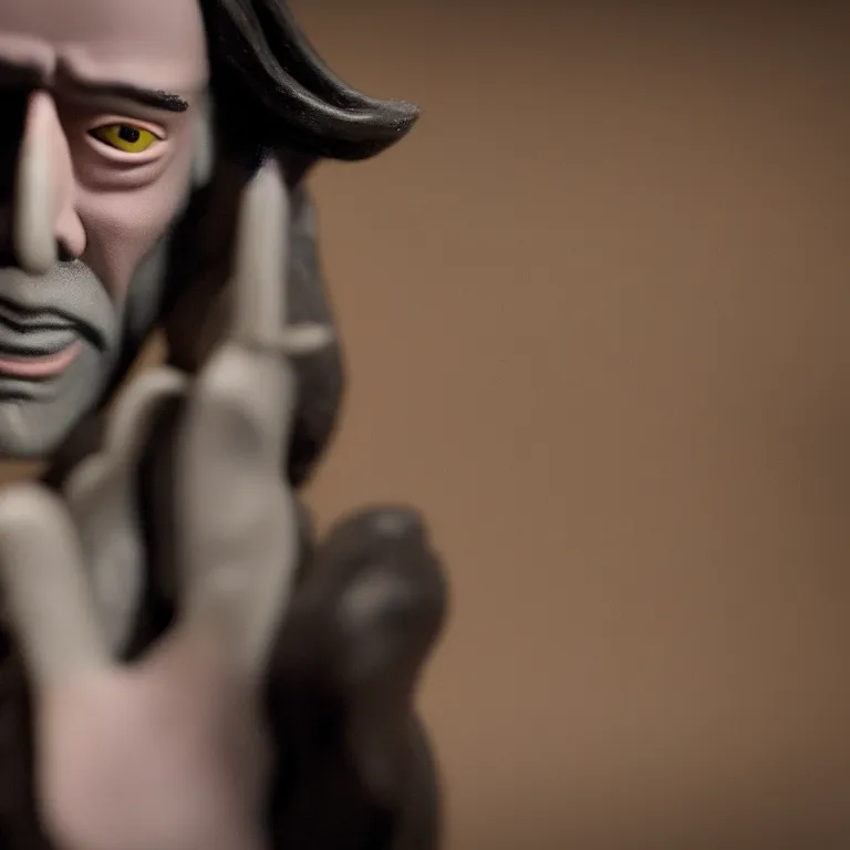 Image similar to a cinematic film still of a claymation stop motion film starring keanu reeves, portrait, shallow depth of field, 8 0 mm, f 1. 8