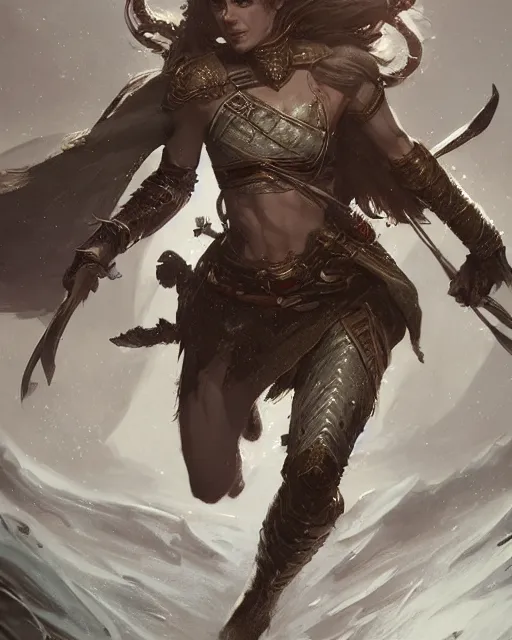 Image similar to A beautiful warrior running, D&D, fantasy art, female art, in the style of greg rutkowski, illustration, epic, fantasy, intricate, hyper detailed, artstation, concept art, smooth, sharp focus, ray tracing