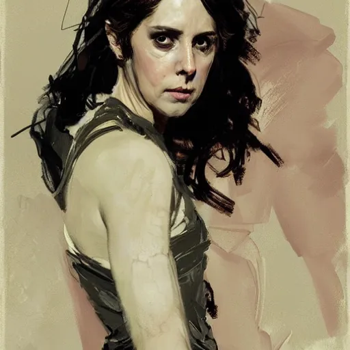 Image similar to alison brie as furiosa, intricate, elegant, highly detailed, greg manchess, mucha, liepke, ruan jia, jeffrey catherine jones, ridley scott