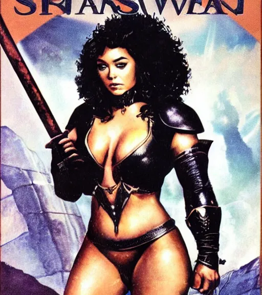 Prompt: 1 9 8 0 s fantasy novel book cover, bbw plus size amazonian sarah hyland in extremely tight bikini armor wielding a cartoonishly large sword, exaggerated body features, dark and smoky background, low quality print