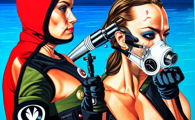 Prompt: rogue agent wearing oxygen mask holding a harpoon with sea background side profile by Sandra Chevrier