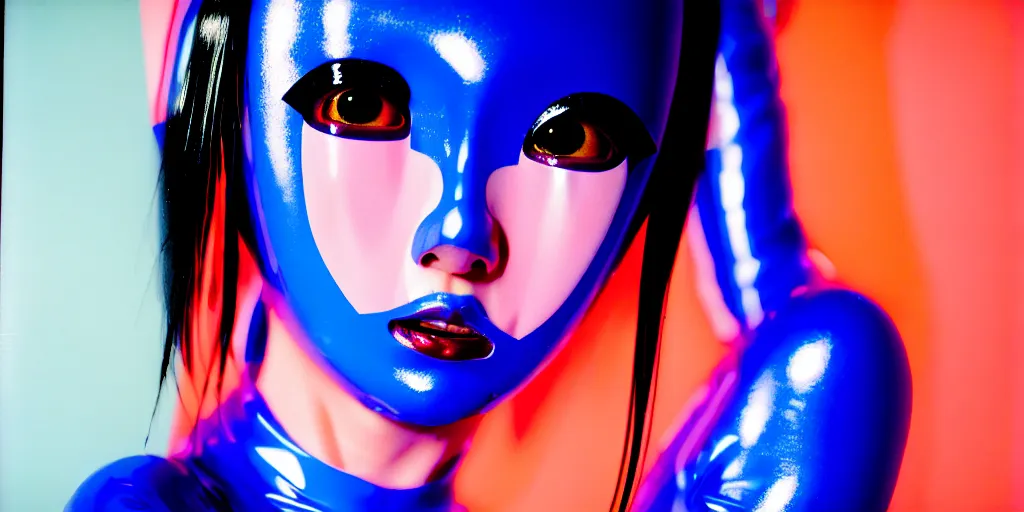 Prompt: a close - up risograph of cyberpunk japanese model girl with black eyes and pretty face wearing latex catsuit and lots of transparent and cellophane accessories, blue hour, twilight, cool, portrait, kodachrome, iso 1 2 0 0, painting by moebius