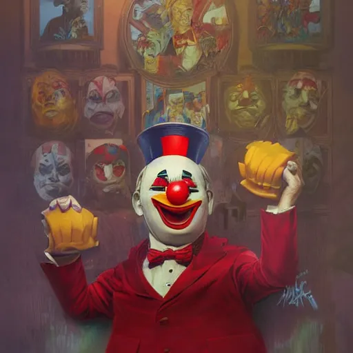 Prompt: Graffiti of a McDonald\'s clown as the US president, intricate, highly detailed, digital painting, artstation, smooth, sharp focus, illustration, art by artgerm and greg rutkowski and alphonse mucha