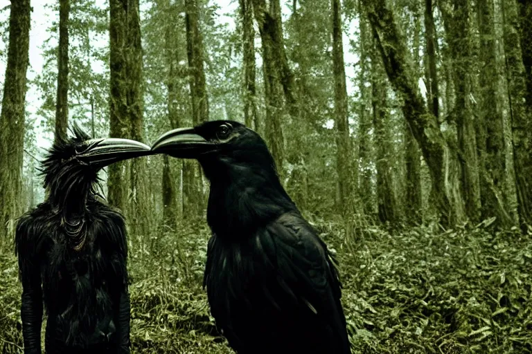 Image similar to werecreature consisting of a crow and a human, photograph captured in a dark forest