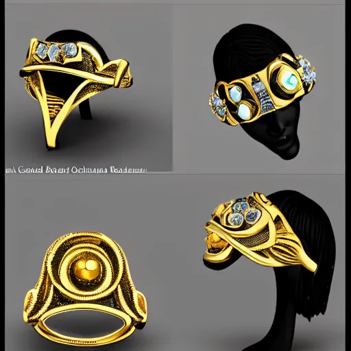 Image similar to complex golden ring with cameo and gems on the female model hand with bust with a cyberpunk style, 8k, details