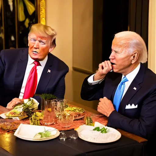 Image similar to Trump and Biden having dinner at a fancy Balinese restaurant, award winning photography, 85mm, perfect faces