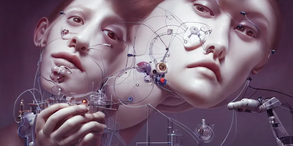 Image similar to hyperrealistic photography of a gorgeous female scientist constructing an empathy machine in the style of jin kagetsu, james jean, chris cunninham, hans bellmer and wlop, highly detailed, face symmetry, masterpiece, award - winning, sharp focus, intricate concept art, ambient lighting, 8 k, artstation