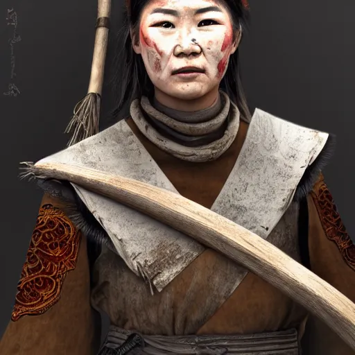 Prompt: a portrait of a female Mongolian warrior, rustic and weathered, holding a bow, retro, with a scar on her face. trending on artstation, ambient lighting, 4k render, ultra hd, behance art