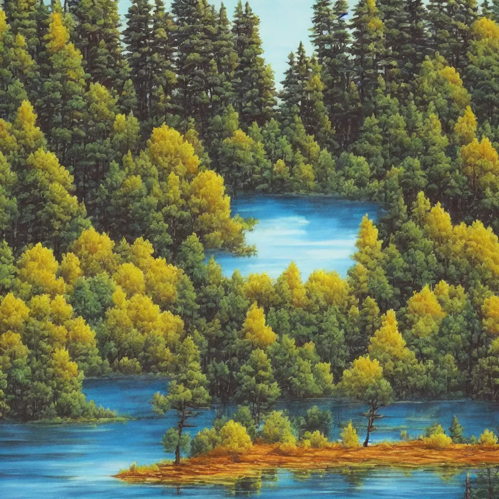 Image similar to a lake surrounded by pine trees painted by Bob Ross