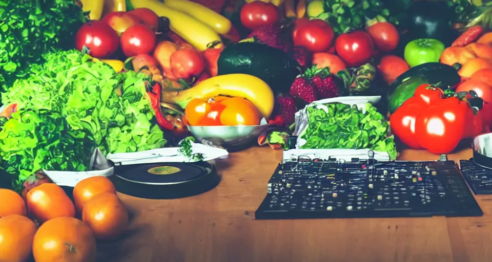 Image similar to film still of fresh fruits and vegetables making beats on fl studio