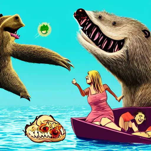 Image similar to three young women having fun on a boat, while a zombie beaver with glowing eyes is swimming beneath them. horror. realistic photo. very detailed.