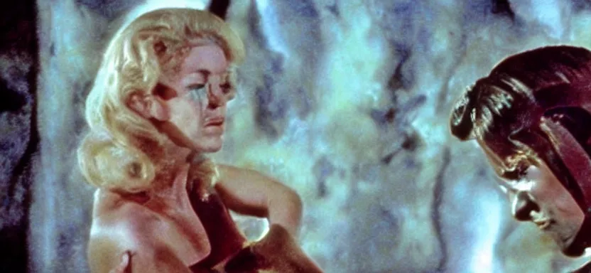 Prompt: a beautiful woman fighting a monster film still from a roger corman film, hyperrealistic