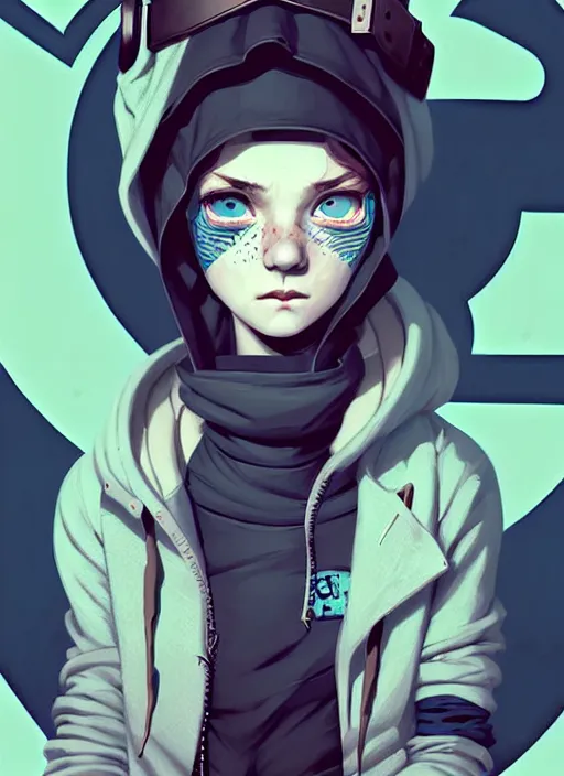 Prompt: highly detailed portrait of a sewer punk lady student, blue eyes, patchwork hoodie, white hair by atey ghailan, by greg rutkowski, by greg tocchini, by james gilleard, by joe fenton, by kaethe butcher, gradient blue, black, brown and cyan color scheme, grunge aesthetic!!! ( ( graffiti tag wall background ) )