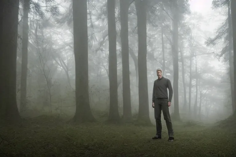 Prompt: a photorealistic cinematic!!! headshot portrait!!! of a skinny evil male scientist, in a spooky forest, fog, shrubbery, 8 k, detailed, backlight, deep focus, movie still, moody lighting, by werner herzog