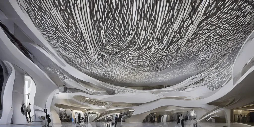 Image similar to extremely detailed ornate stunning beautiful elegant futuristic museum lobby interior by Zaha Hadid