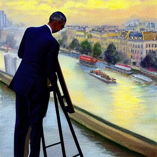 Image similar to obama is dressed as a gentleman at early 2 0 th century paris. he is watching an easel. that easel has a canvas on it. barack obama has a brush on his hand. he is painting a painting. there is a small brown cat with yellow eyes on barack obamas feet. on background has river seine, morning sun, dark clouds, lightning, by frank miller