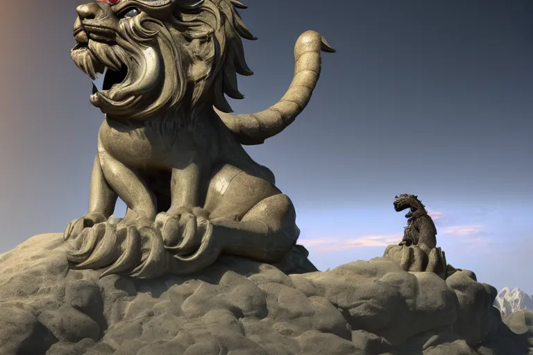 Image similar to chinese lion statue at alien civilization gate, alien cizilization like floating islands like avatar, high - tech space cult, dramatic lighting, epic, octane render, volumetric light, unreal engine, artbreeder, 8 k, background, scene, digital, artwork, high quality, 8 k