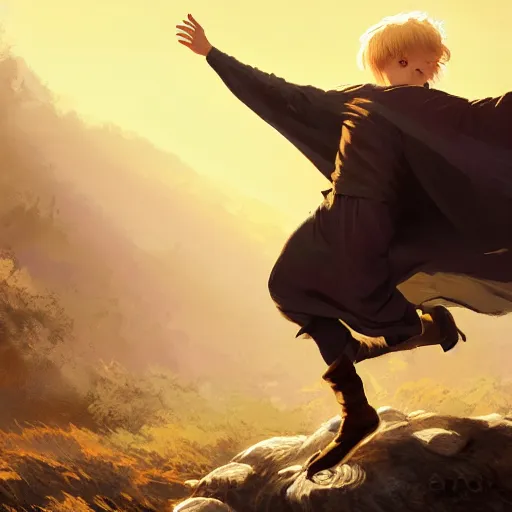 Image similar to blonde boy with golden eyes wearing a brown cape and flying in t pose, energy background, brush strokes, greg rutkowski