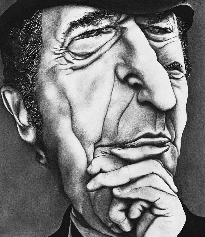 Image similar to beautiful line art portrait of leonard cohen, black and white