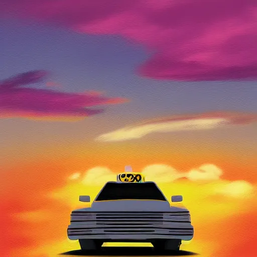 Prompt: 1980s taxi car floating above the clouds at sunset, digital art painting