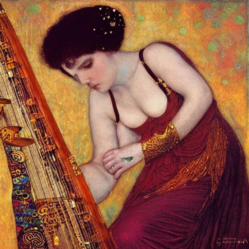 Prompt: sappho playing a broken harp by gustav klimt and tom bagshaw, sharp focus, highly detailed, elegant album cover by austin osman spare