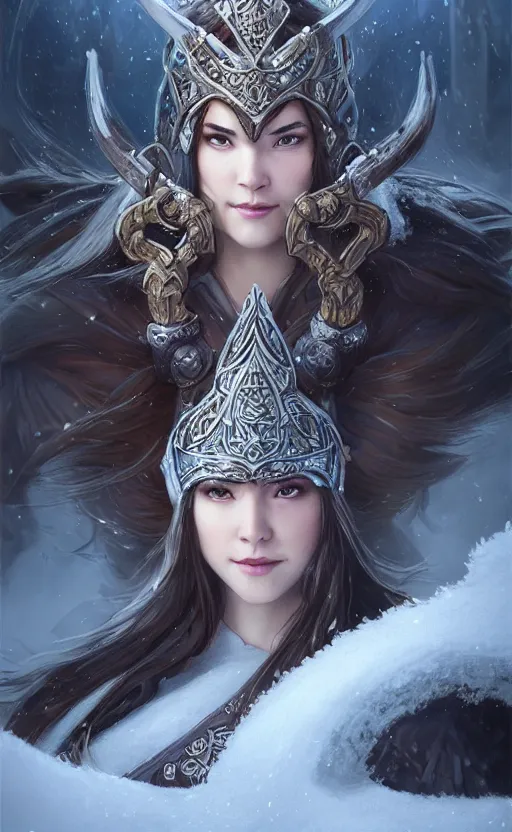 Image similar to azure viking warrior, regal, elegant, winter, snow, beautiful, stunning, hd, illustration, epic, d & d, fantasy, intricate, elegant, highly detailed, wide angle, digital painting, artstation, concept art, smooth, sharp focus, illustration, wallpaper, art by artgerm and greg rutkowski and alphonse mucha and jin xiaodi