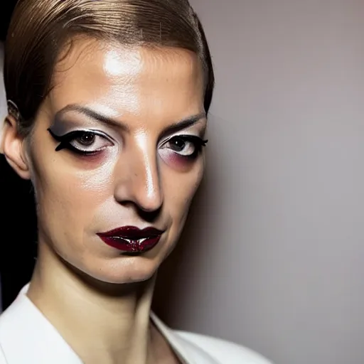 Image similar to a beautiful portrait of young flavia lucini as femme fatale bond villain, highly detailed, in the style of cinematic, getty images, milan fashion week backstage, makeup by pat mcgrath, greg rutkowski