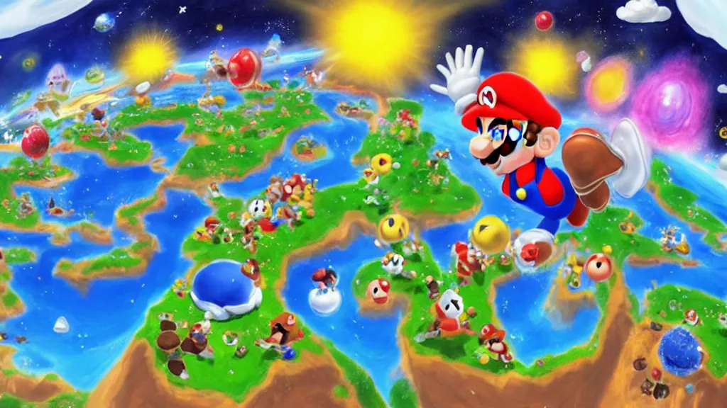 Prompt: Mario Galaxy island, painting