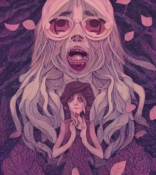 Image similar to portrait, nightmare anomalies, leaves with howl by miyazaki, violet and pink and white palette, illustration, kenneth blom, mental alchemy, james jean, pablo amaringo, naudline pierre, contemporary art, hyper detailed