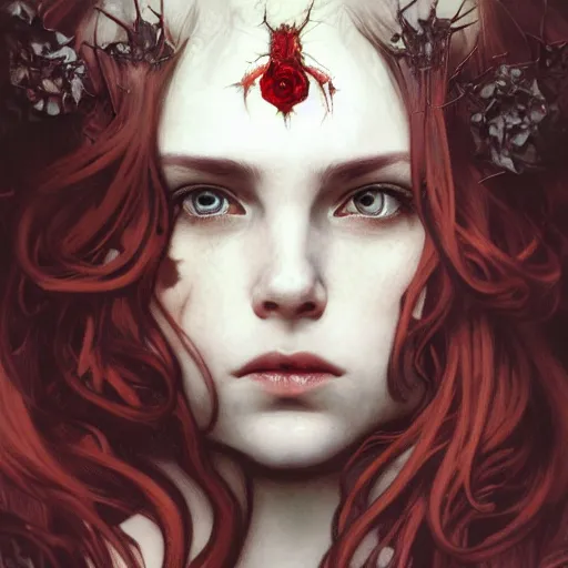 Image similar to portrait of beautiful vampire, rose thorn crown, thorns everywhere, headshot, pale skin, 4k, rule of thirds, extreme detail, detailed drawing, trending artstation, hd, fantasy, D&D, realistic lighting, by Alphonse Mucha, Greg Rutkowski, sharp focus, backlit, bright red hair, extremely detailed eyes, relistic