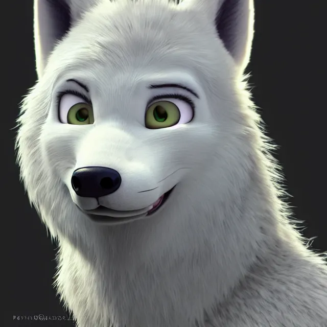 Image similar to portrait headshot of a cute male white wolf in the style of zootopia. volumetric lighting, subsurface scattering, hyperrealistic, octane render, hyperdetailed