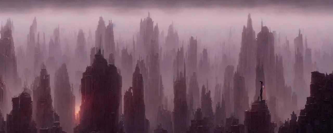 Prompt: giant glowing white anthropomorphic silhouette rising above foggy city and clouds by wayne barlowe, wes anderson, roger dean, mikalojus konstantinas ciurlionis and wadim kashin