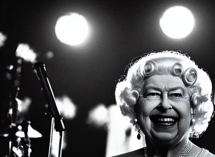 Image similar to publicity photo still of queen elizabeth in a death metal band playing live on stage, 8 k, live concert lighting, mid shot