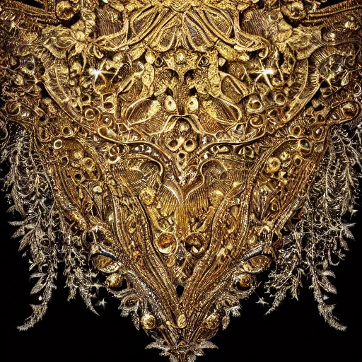 Prompt: Intricate a whole fantasy gold leaf, encrusted with jewels, detailed veins, sharp focus, illustration, high quality, 8k, volumetric lighting, on black background