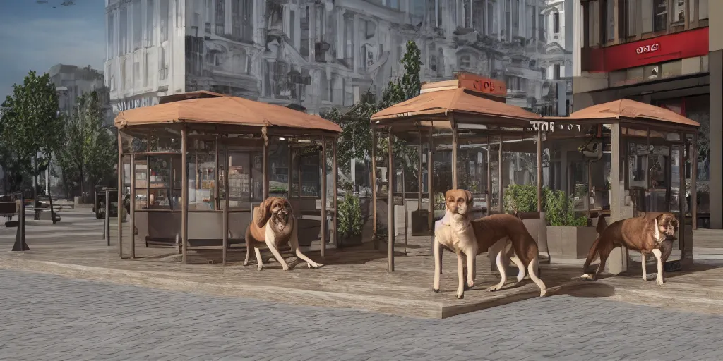 Image similar to eight dog booths on the cremlin square and a dog, beautifully detailed 4 k octane render, 4 k post processing