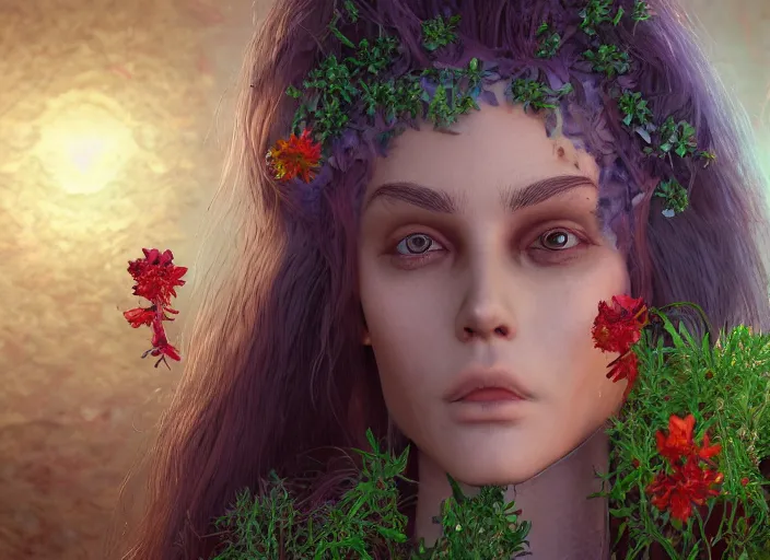 Image similar to Fantasy Alrune androgynous plant humanoid with flowers in hair plant body by Larry Elmore, symmetrical face concept art, octane render unreal engine meta humans, artstation