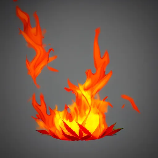 Image similar to weed leaf, marijuana leaf, on fire, burning, 3D render, 3D model, highly-detailed fire