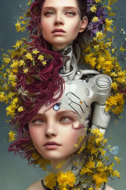 Image similar to a beautiful fine art RPG portrait photo of a robot female cyborg, spread out wavy hair covered by hibiscus, daffodils, hydrangea, montsera leaves by tom bagshaw, golden ratio composition, soft studio lighting, soft vignette, 50mm lens, very detailed, bionic, cybernetic scifi, deep depth of field, artstation, 8K