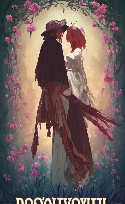 Image similar to bestselling movie poster, official media,a cinematic beautiful closeup moment of lovers saying goodbye wearing boho poncho and sunhat with hyacinths, full body portrait and simple form, brutal shapes, shaman, pixiv, 1970s fashion, official anime media, cinematic lighting, artstation consept artwork by doja cat, charlie bowater, waterhouse, ,greg rutkowski, wong kar wai