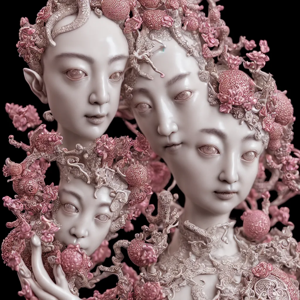 Prompt: A Close up photo-real delicate ceramic porcelain sculpture of an ornate detailed Elf in front of a intricate background by Victo Ngai and takato yamamoto, micro detail, backlit lighting, subsurface scattering, translucent, thin porcelain, octane renderer, neon lights, hot Pink and Black, physically based rendering, japanese pottery, trending on cgsociety