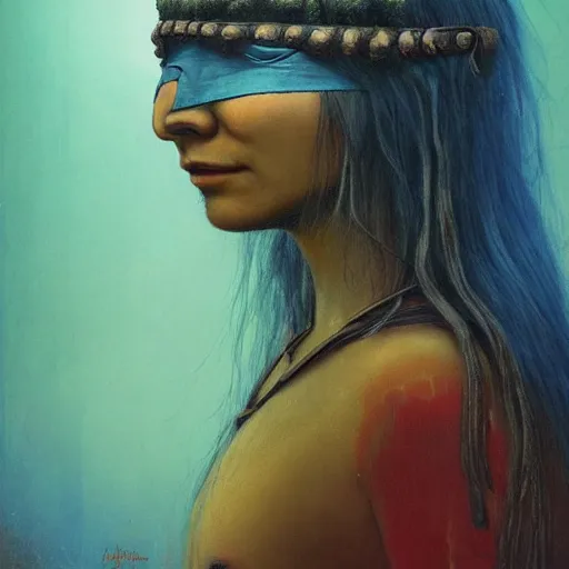 Image similar to A young blindfolded shaman woman with a decorated headband from which blood flows, in the style of heilung, blue hair and wood on her head. The background is a forest on fire, made by Esao Andrews and Karol Bak and Zdzislaw Beksinski,