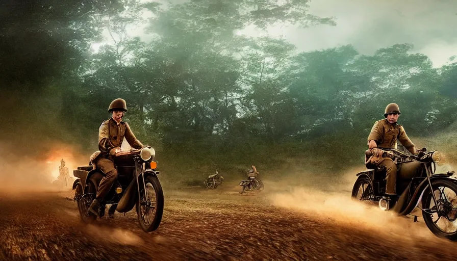 Image similar to a british officer driving a motorcycle alone in 1921 in kerala forest road, local people chasing to attack, furious action scene, chase, an epic fantasy, dramatic lighting, cinematic, establishing shot, extremely high detail, photorealistic, cinematic lighting, artstation, by christopher nolan, horizon forbidden west