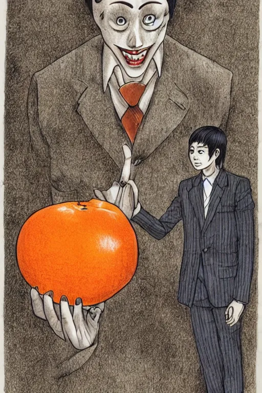 Image similar to junji ito illustration of a businessman with an orange fruit for a head