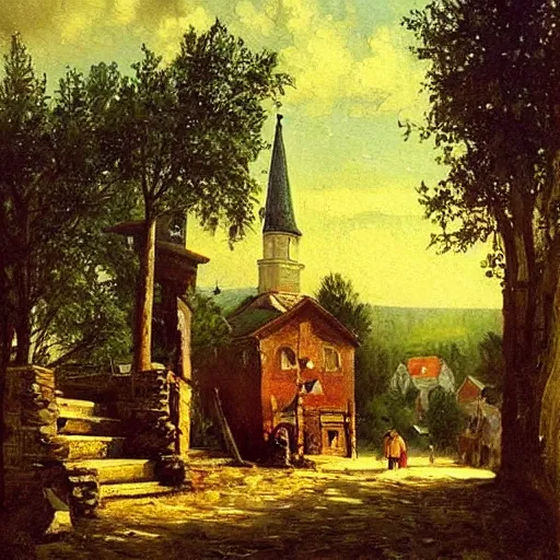 Prompt: scene of an Eastern European village, summer, oil painting, in the style of Peredvizhniki, by Alexei Savrasov
